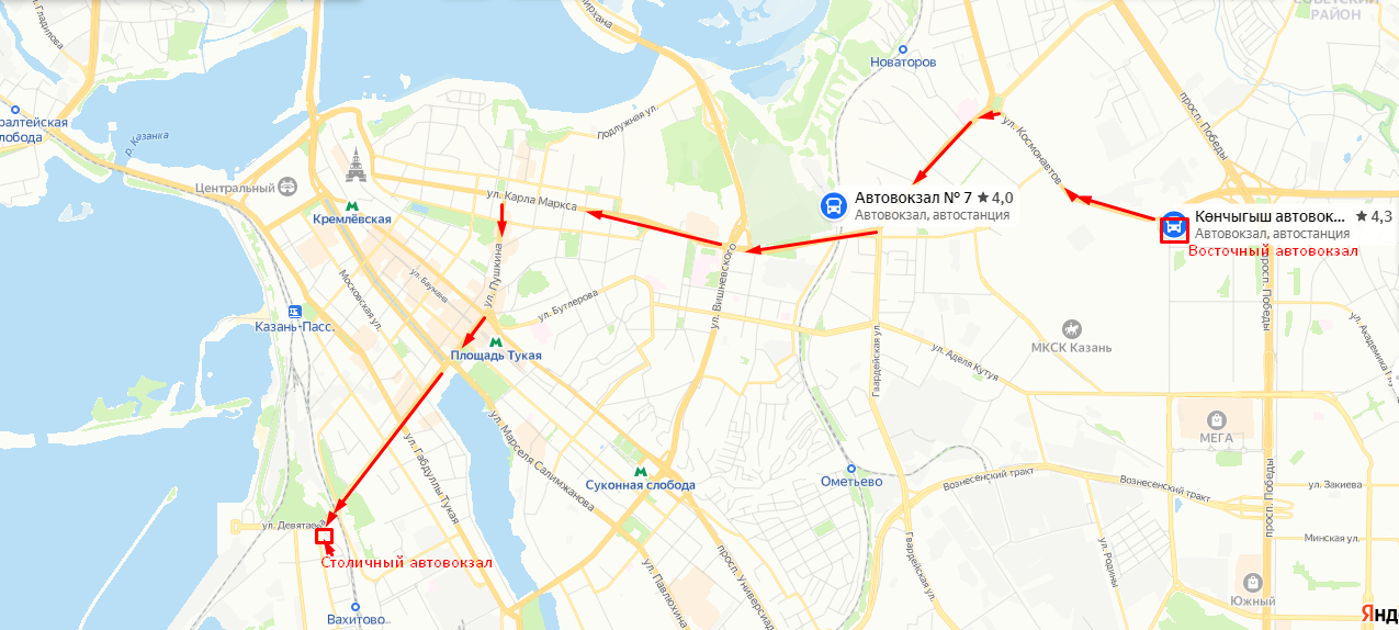 Автовокзал Столичный на карте Казани, схема с Восточного автовокзала.