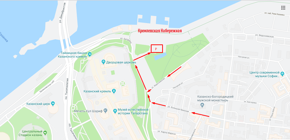 Схема для прогулок по набережной где Кремлевская Казань позволяет подъехать и на машине.