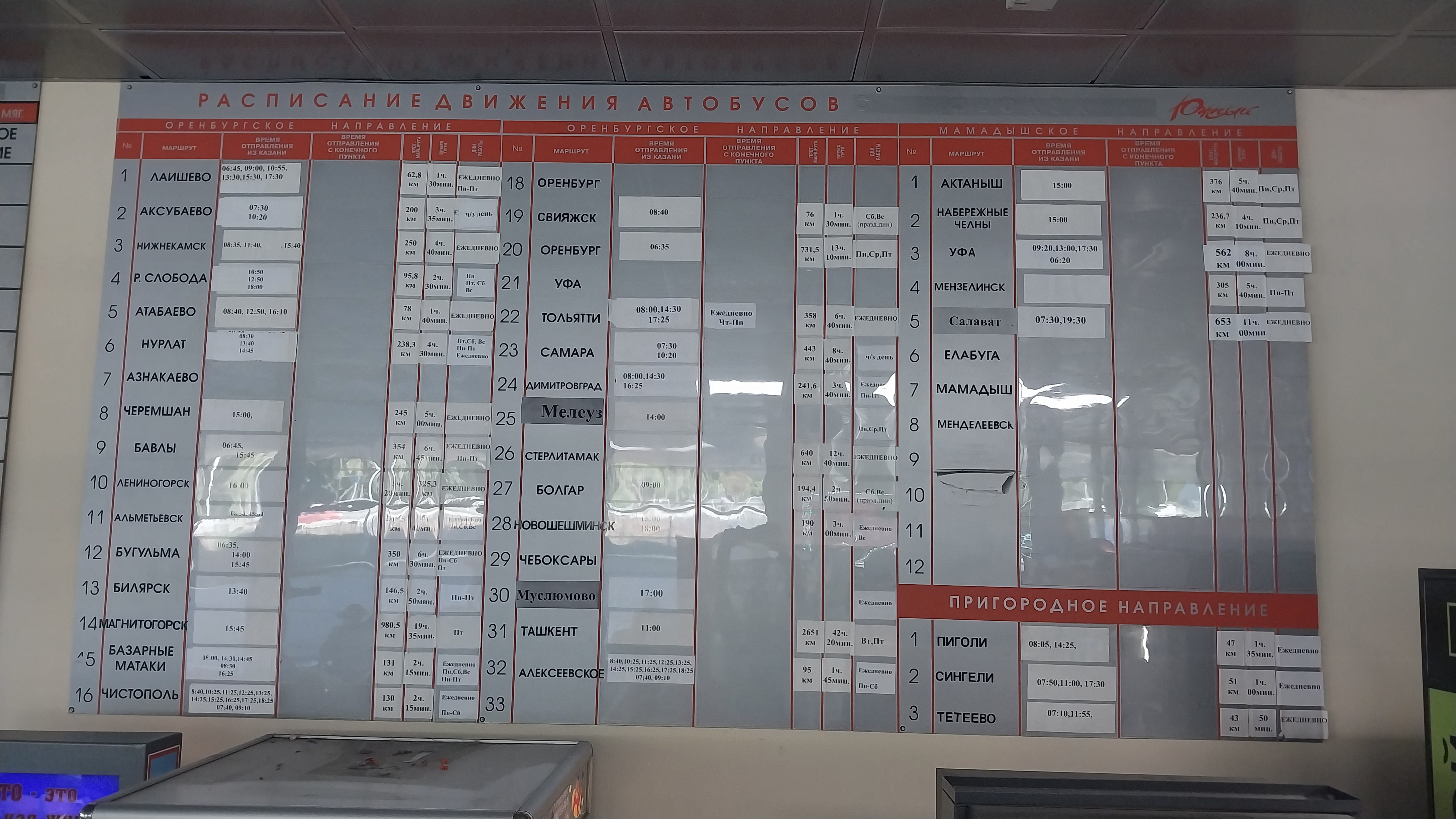 Стенд расписание автобусов в автовокзале Южный Казань выглядит так, как на фото.