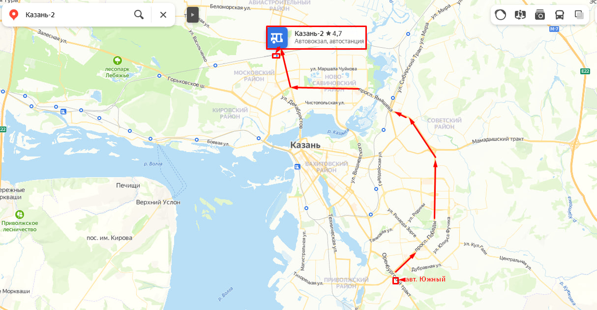 Путь того как добираться с Южного автовокзала на карте нарисовано.